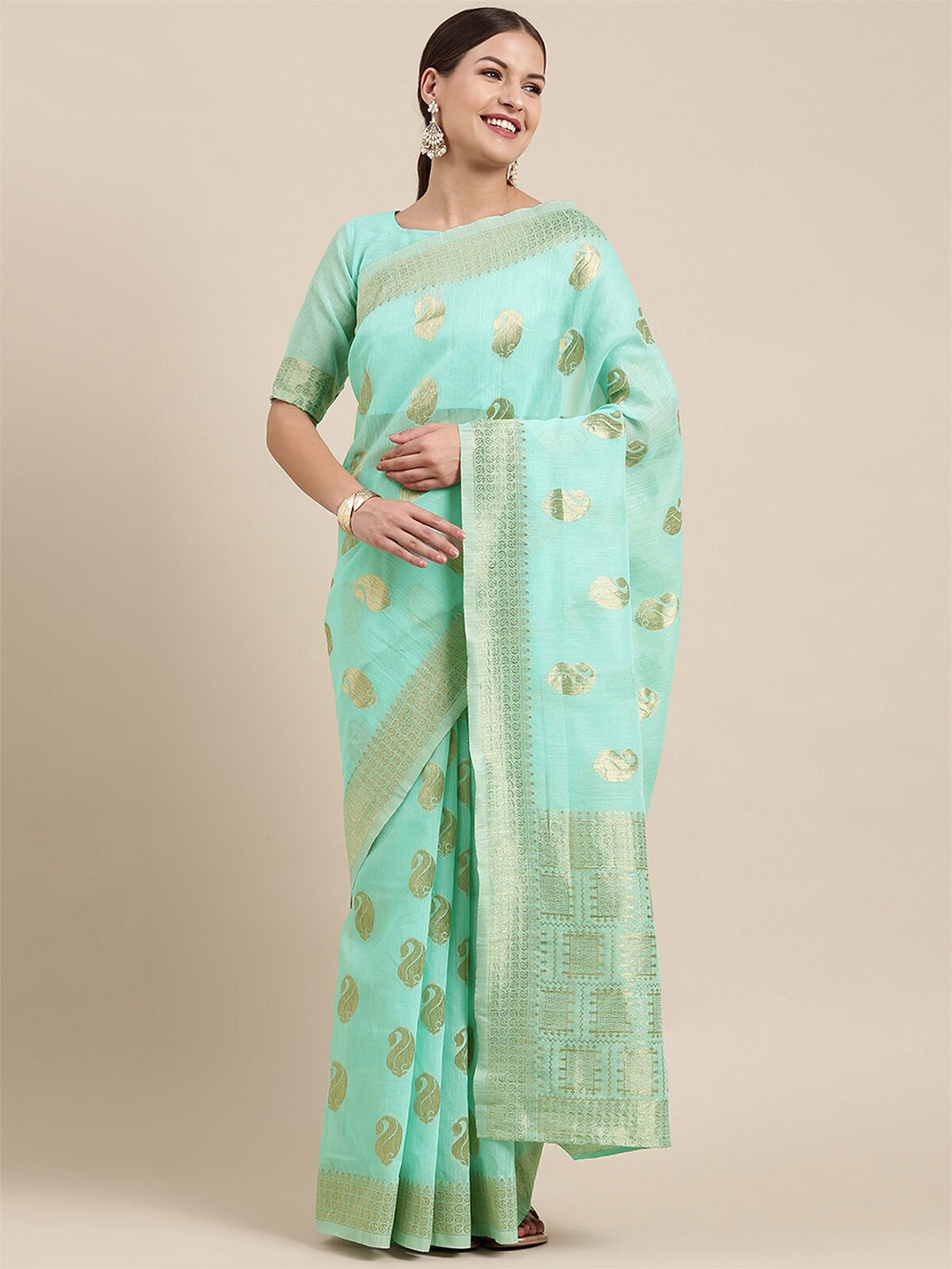 

ODETTE Sea Green & Gold-Toned Paisley Woven Design Zari Linen Blend Banarasi Saree