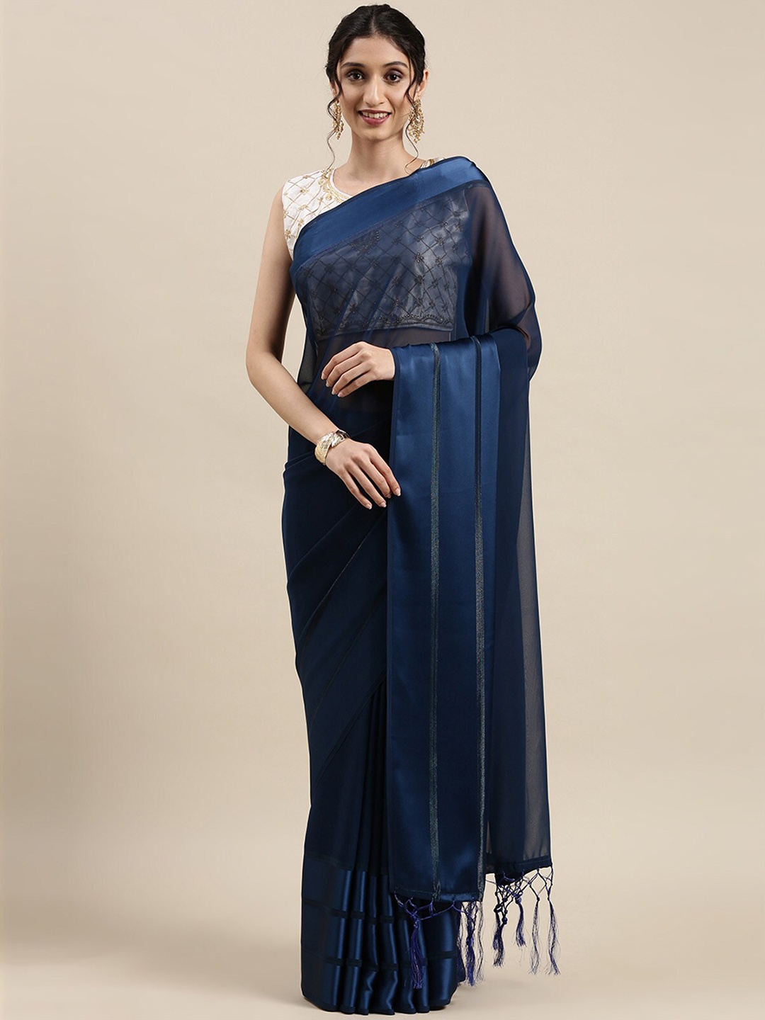 

ODETTE Georgette Teal blue Solid Designer Saree With Blouse Piece