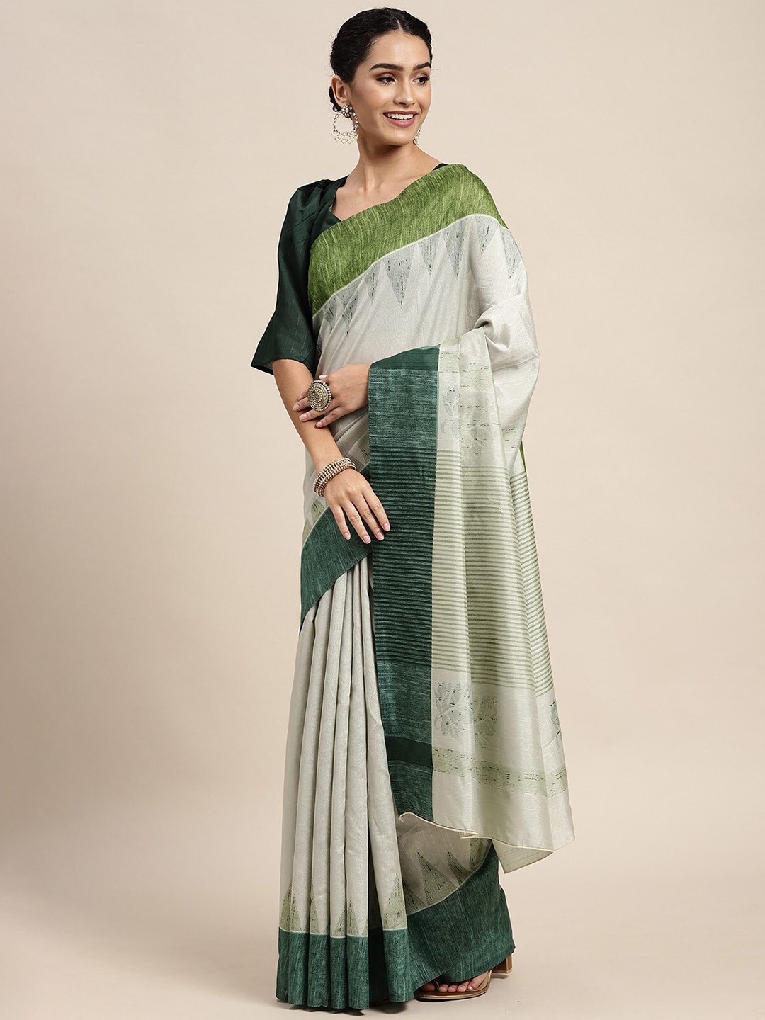

ODETTE Sea Green & Off White Floral Silk Blend Saree