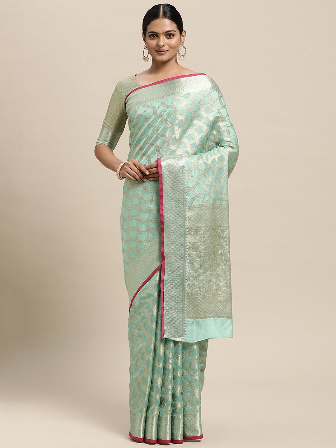 

ODETTE Sea Green & Pink Woven Design Zari Silk Blend Saree