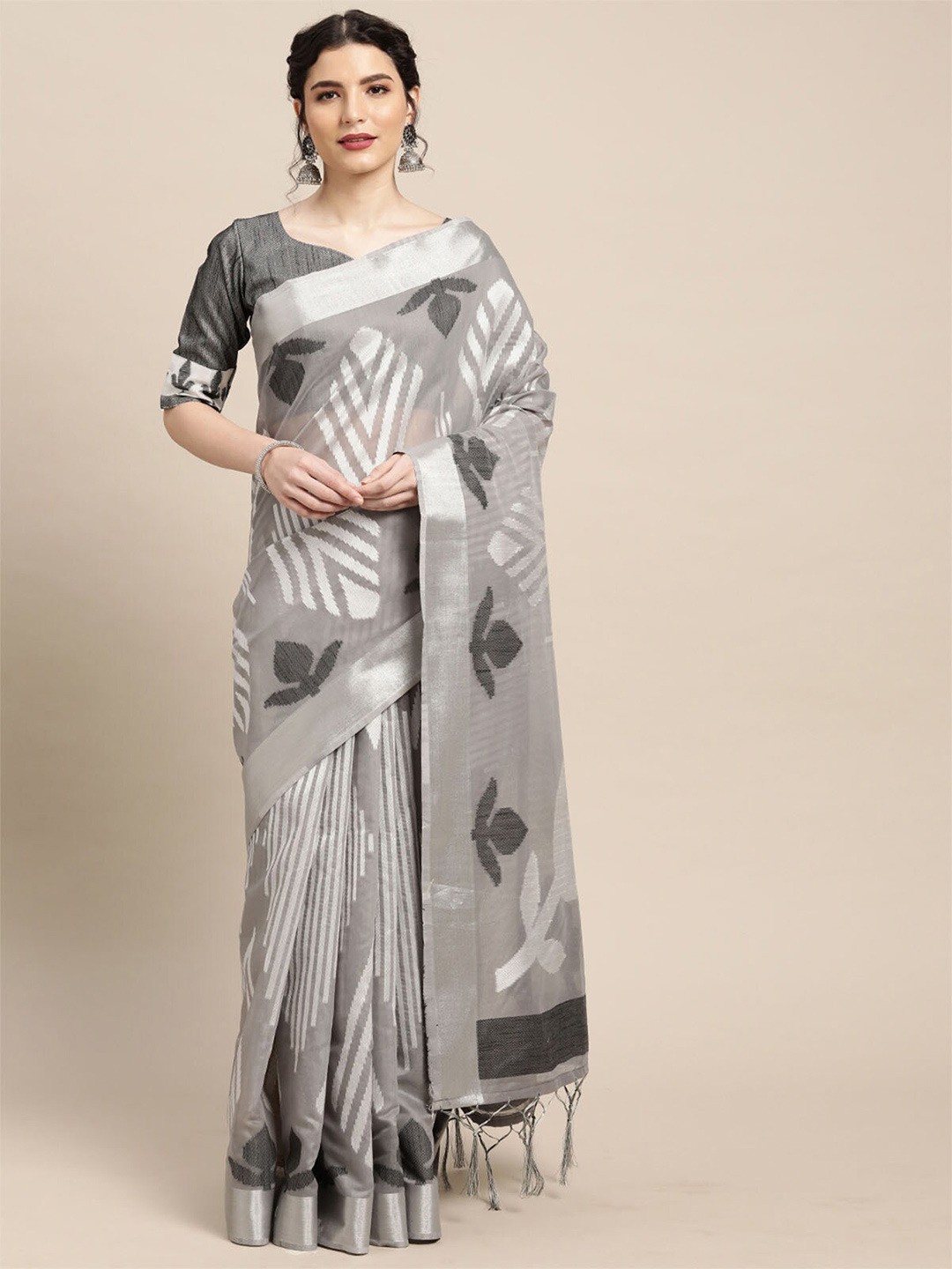 

ODETTE Grey & Black Ethnic Motifs Zari Uppada Saree