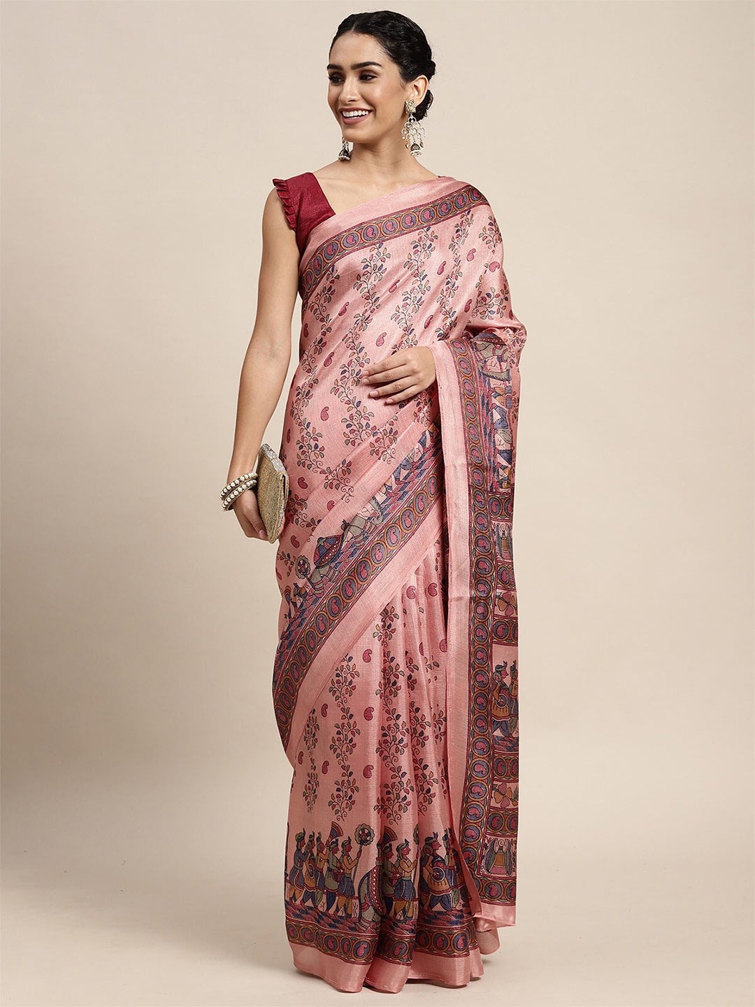 

ODETTE Mauve & Pink Ethnic Motifs Printed Silk Blend Saree