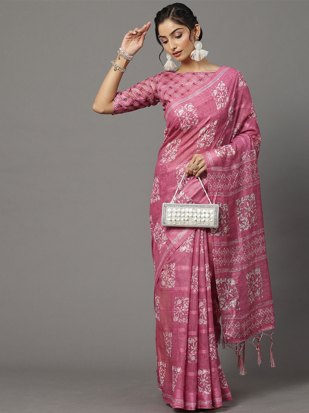 

ODETTE Pink & White Batik Silk Blend Block Print Saree