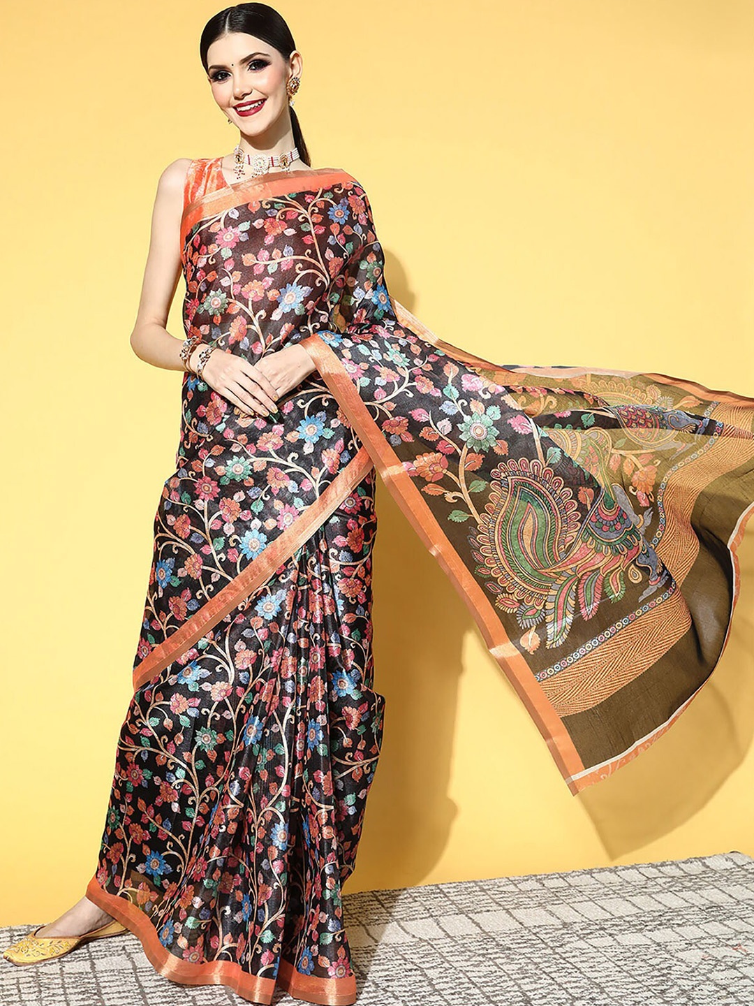 

ODETTE Black & Orange Floral Linen Blend Saree