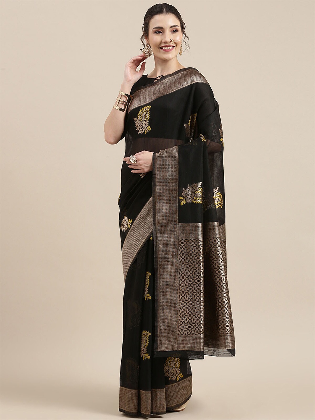 

ODETTE Black & Gold-Toned Paisley Zari Linen Blend Banarasi Saree