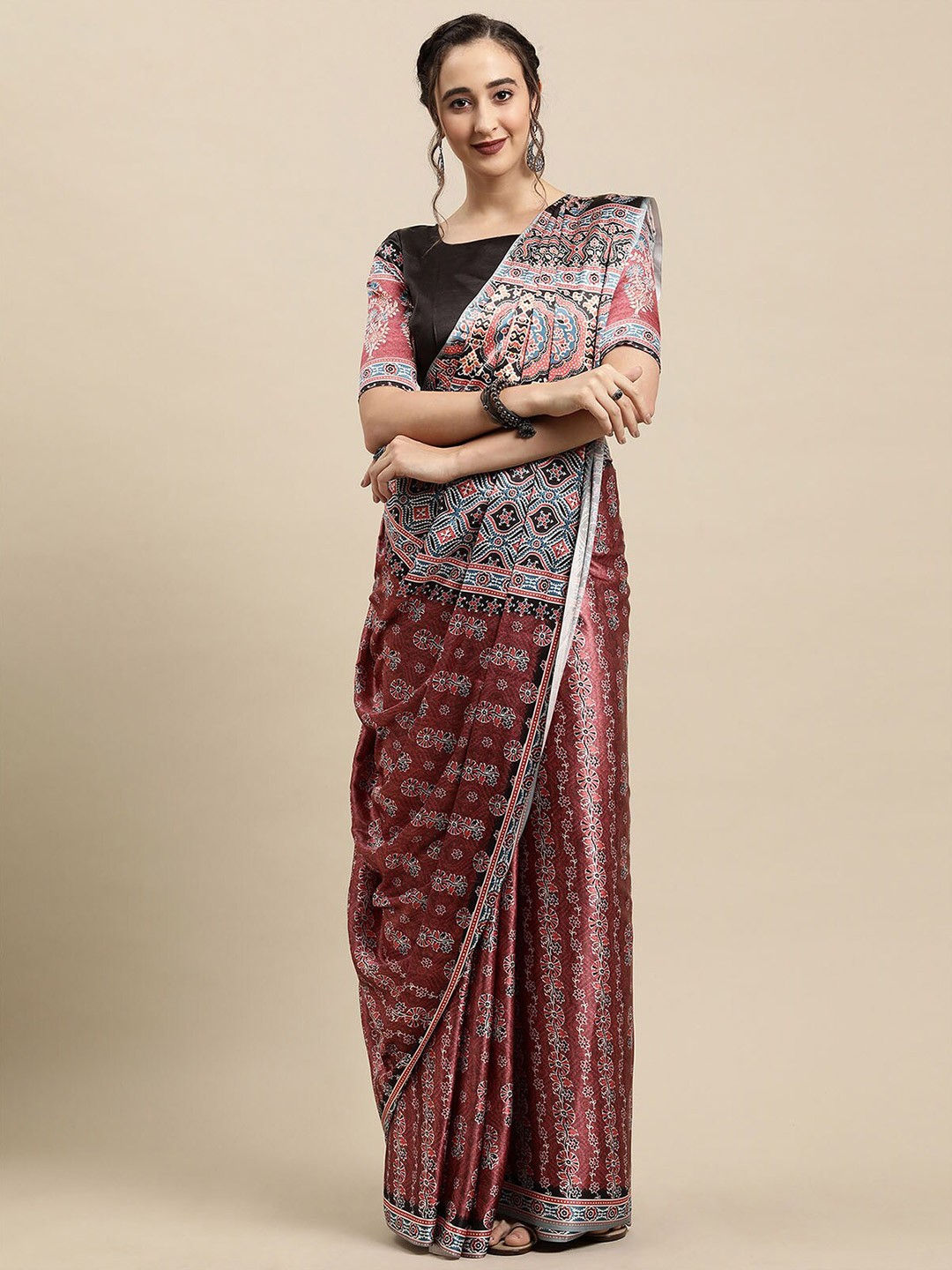 

ODETTE Brown & Pink Crepe Floral Block Print Saree