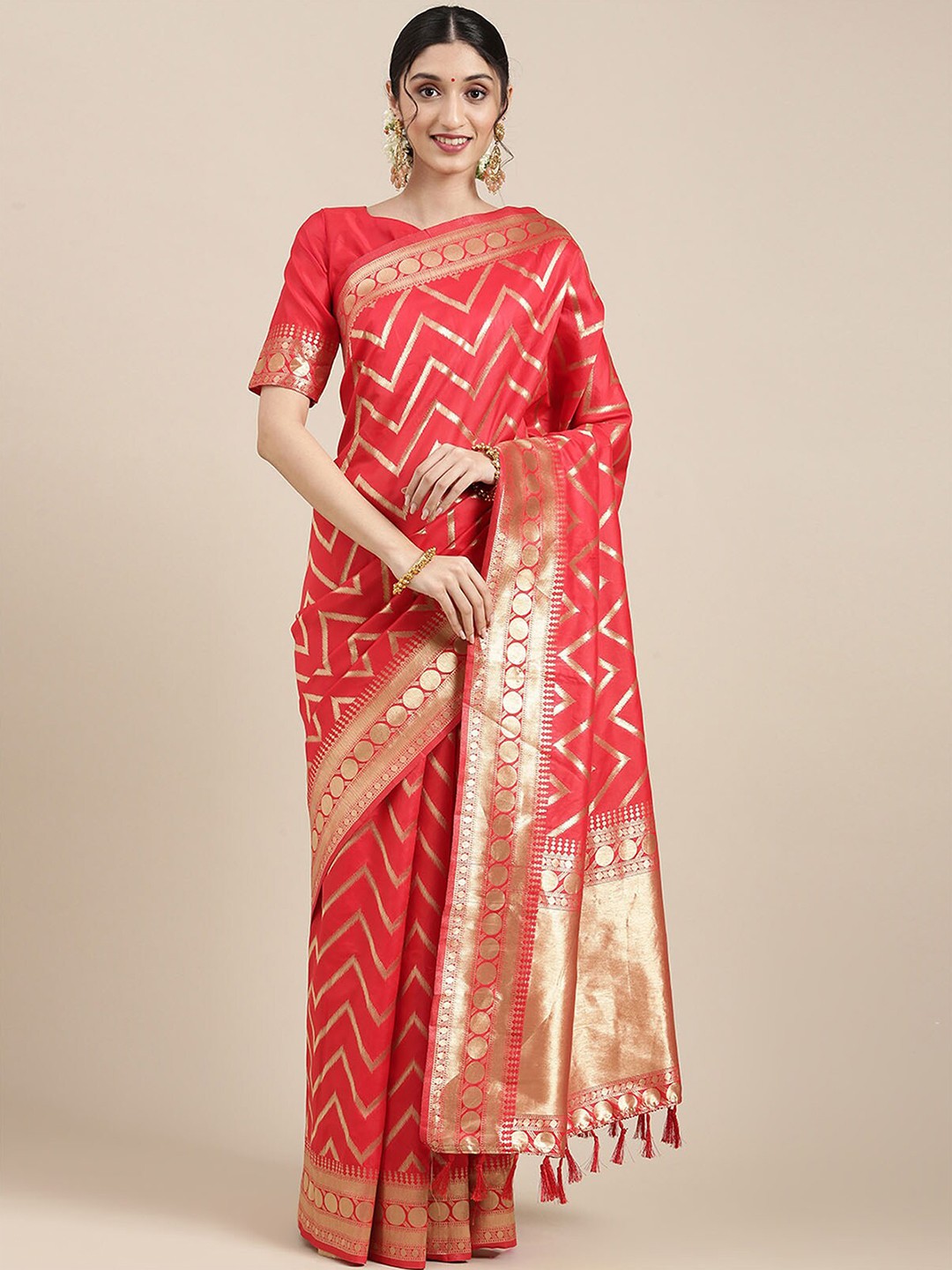 

ODETTE Red & Gold-Toned Woven Design Zari Silk Blend Baluchari Saree