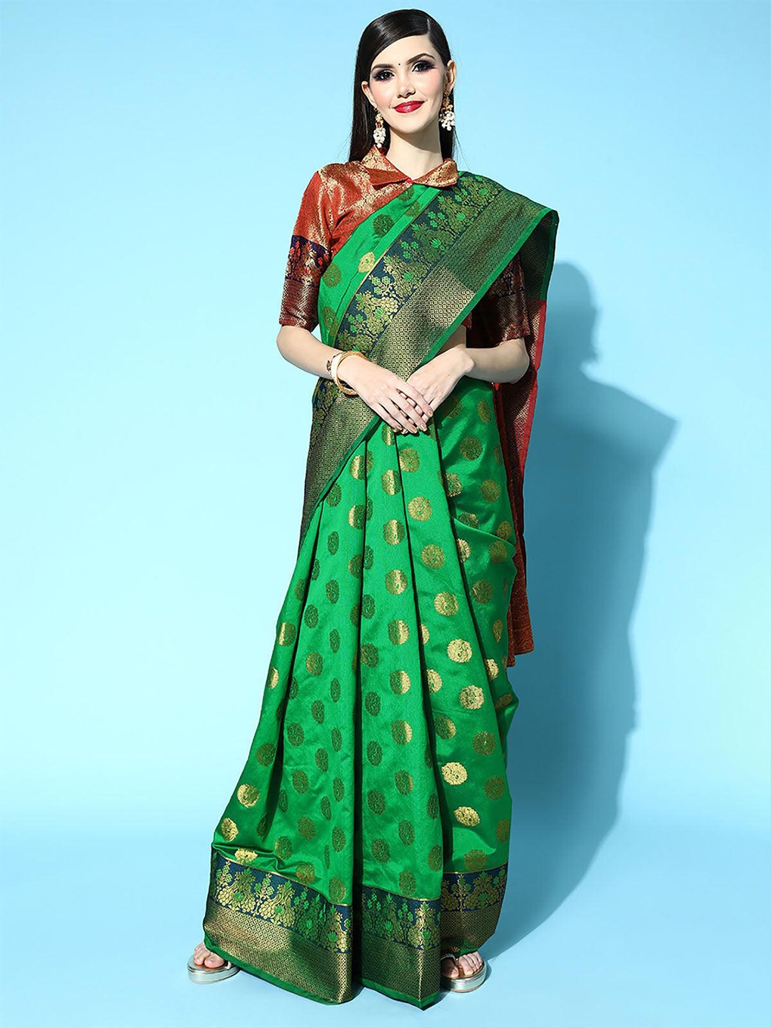 

ODETTE Green & Blue Woven Design Zari Silk Blend Saree