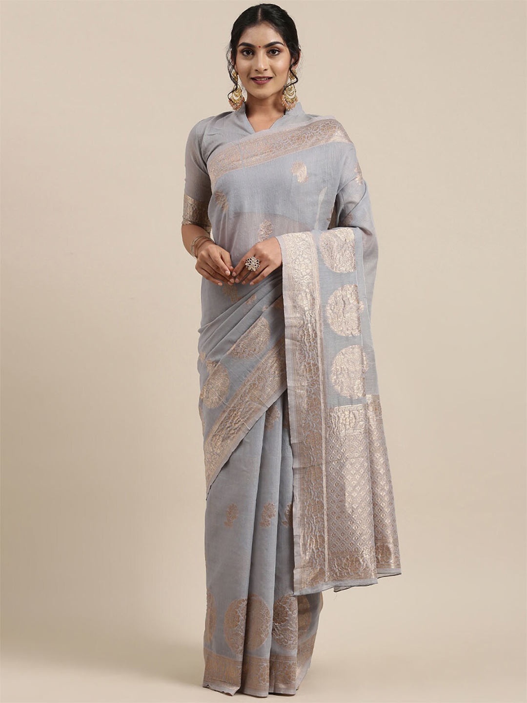 

ODETTE Grey & Silver-Toned Ethnic Motifs Zari Linen Blend Banarasi Saree