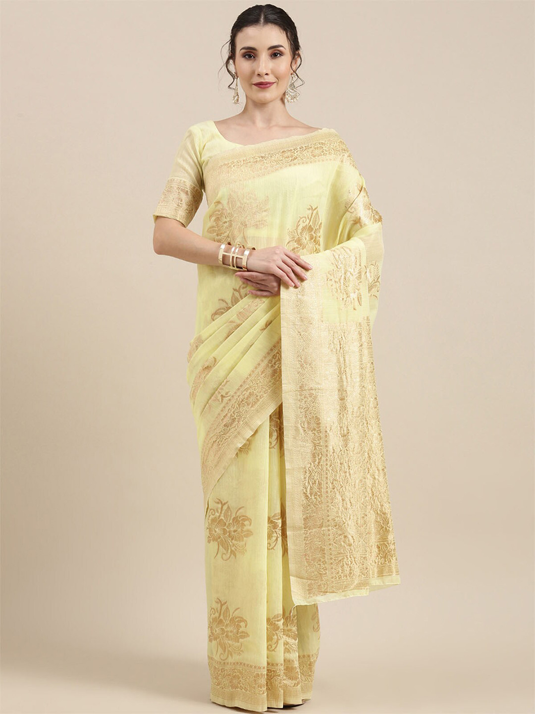 

ODETTE Yellow & Gold-Toned Floral Woven Design Linen Blend Banarasi Saree
