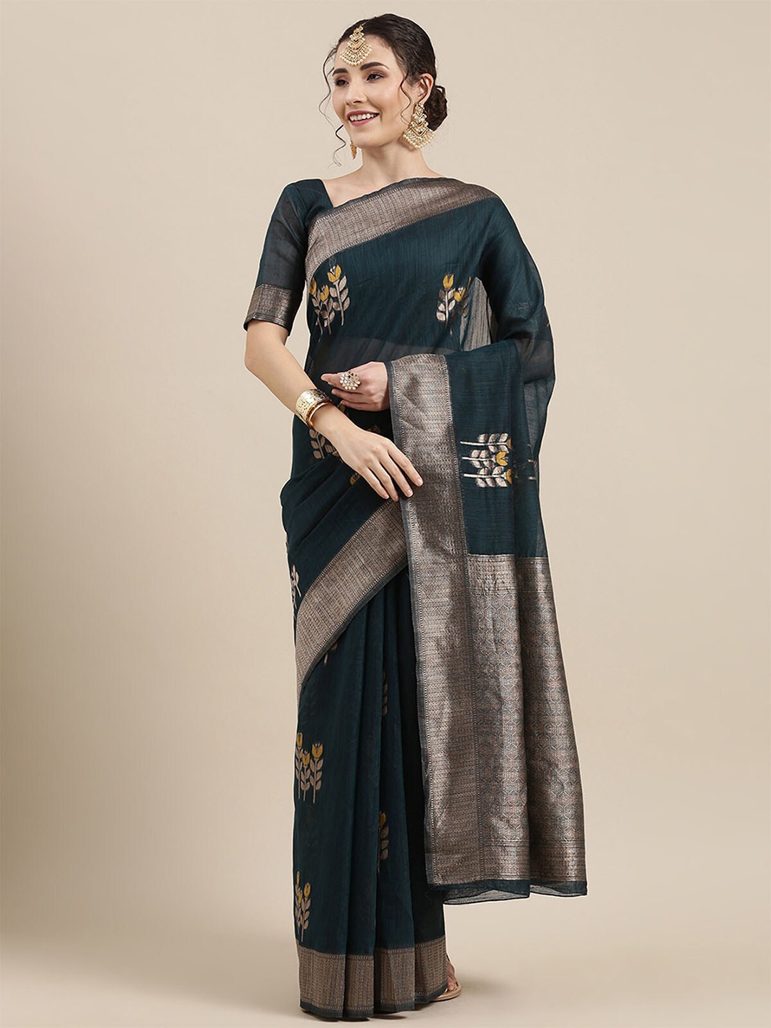 

ODETTE Teal & Silver-Toned Woven Design Zari Linen Blend Banarasi Saree