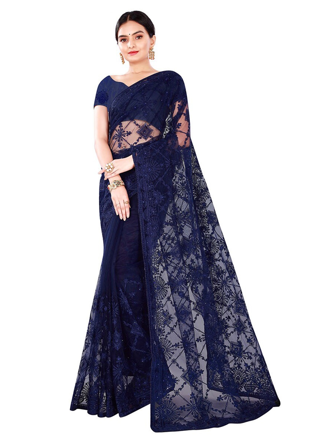 

ODETTE Navy Blue Floral Embroidered Net Saree