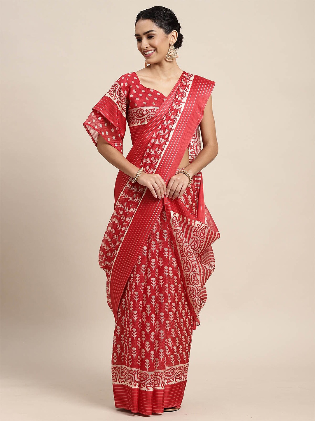 

ODETTE Red & White Ethnic Motifs Printed Brasso Saree