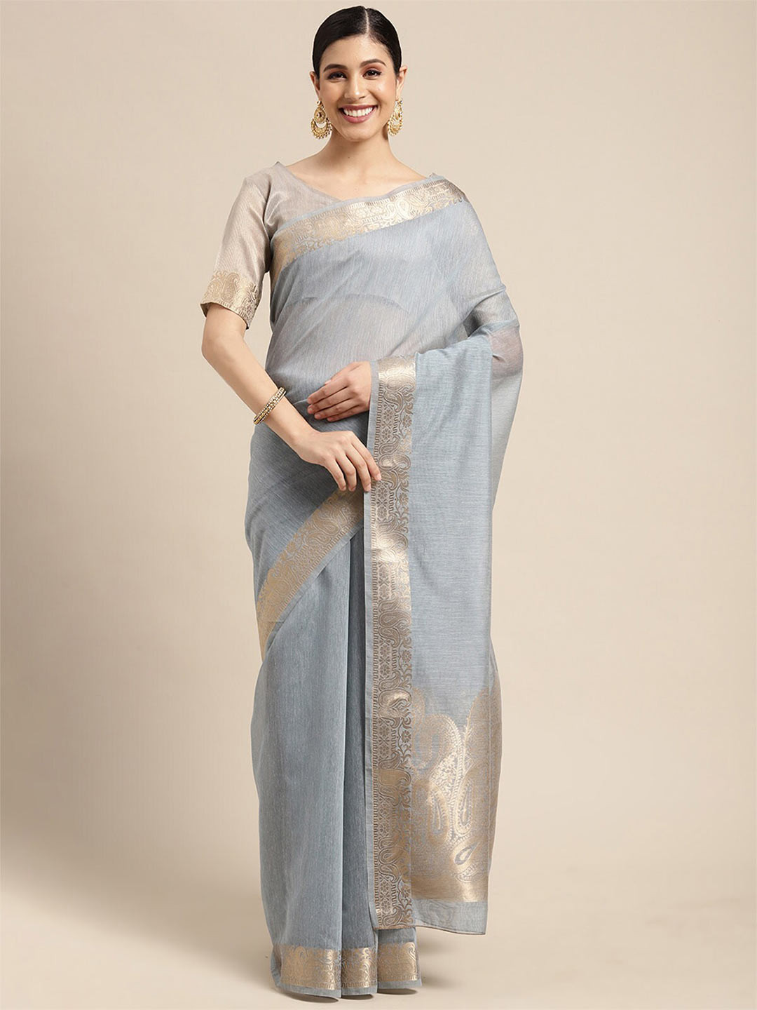 

ODETTE Grey & Gold-Toned Woven Design Zari Linen Blend Taant Saree