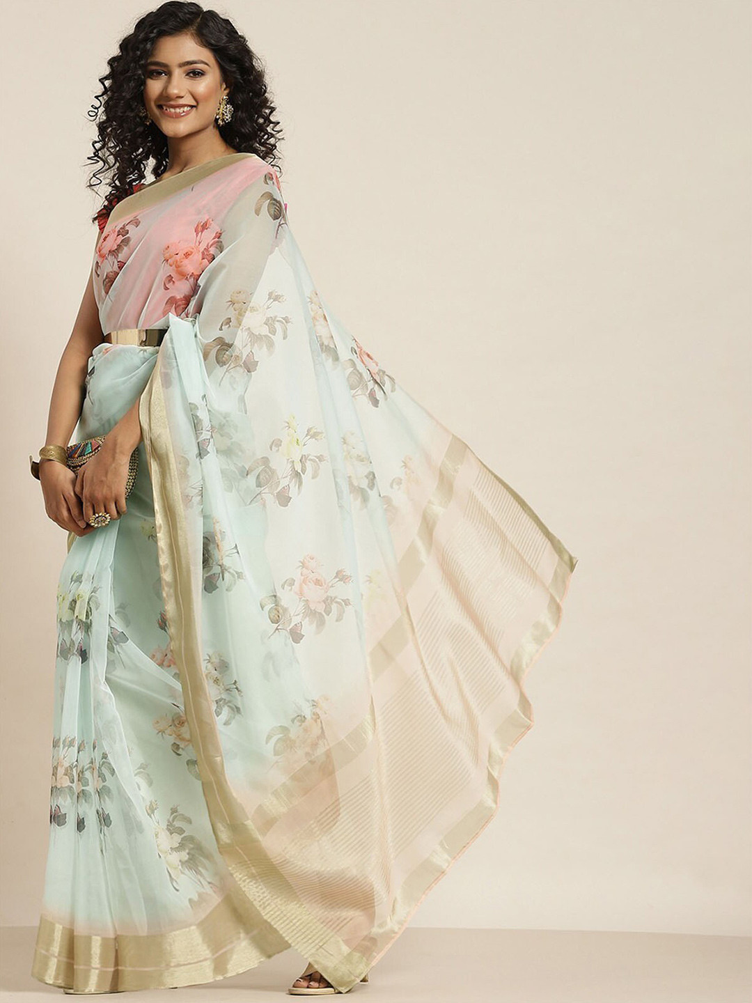 

ODETTE Sea Green & Gold-Toned Floral Zari Printed Organza Saree