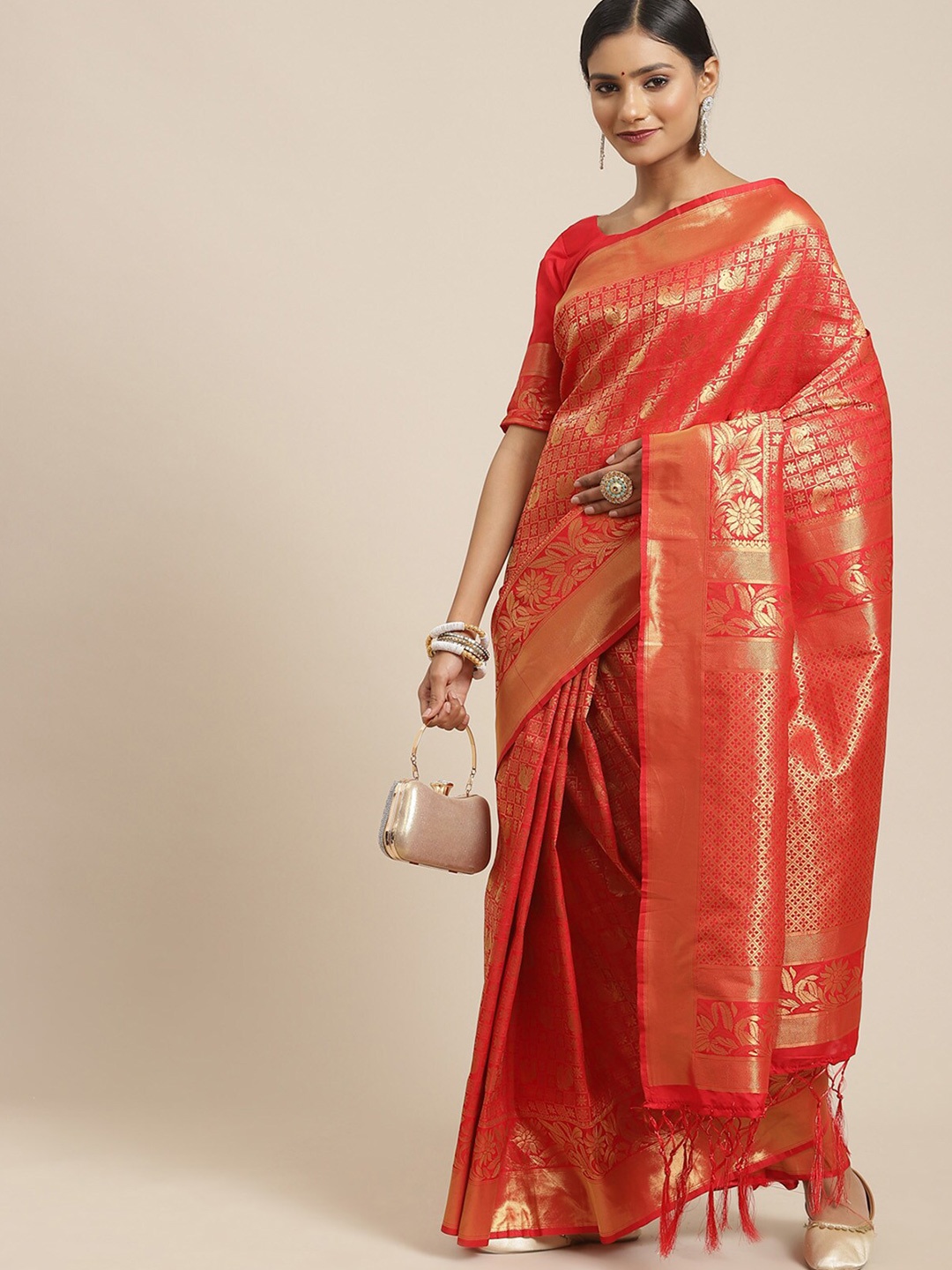 

ODETTE Red & Gold-Toned Floral Zari Silk Blend Kanjeevaram Saree