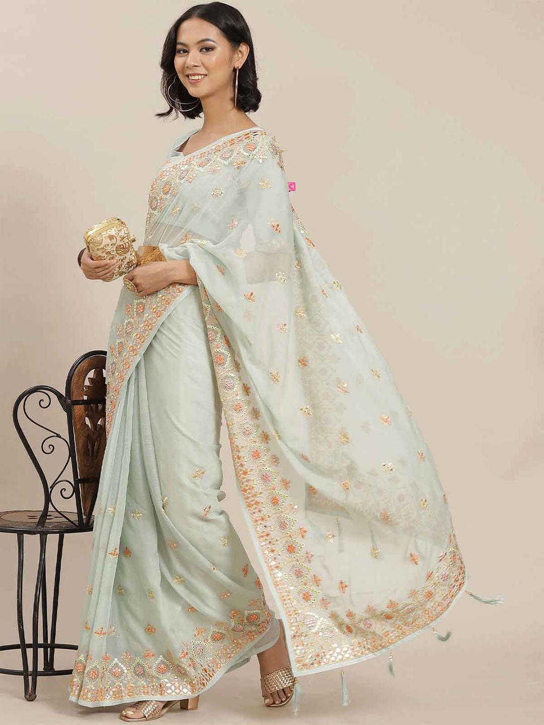 

ODETTE Sea Green & White Floral Embroidered Art Silk Saree