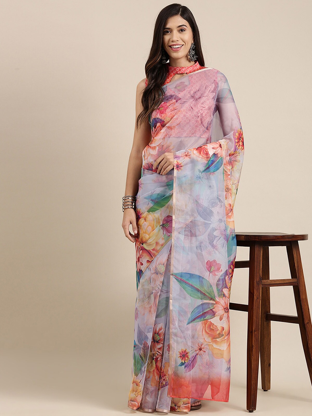 

ODETTE Grey & Pink Floral Printed Organza Saree