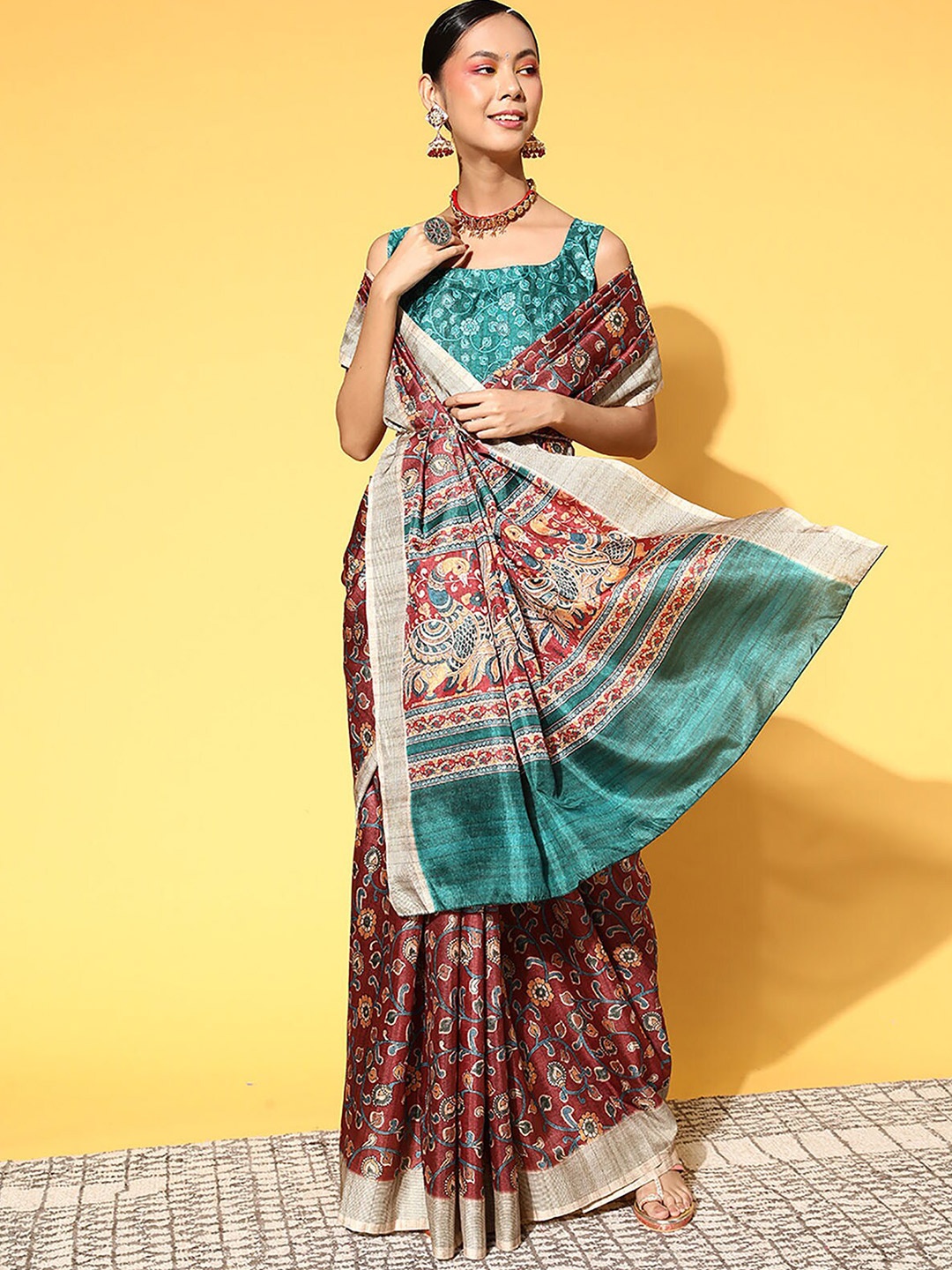 

ODETTE Brown & Green Floral Printed Silk Blend Saree