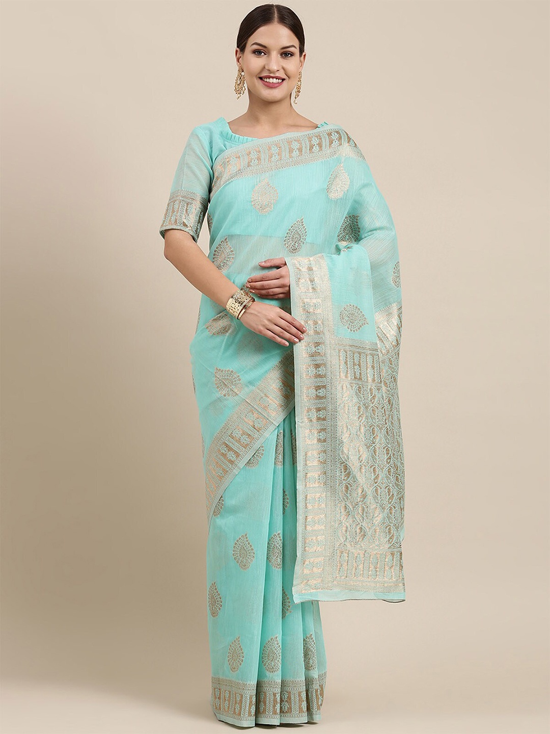 

ODETTE Sea Green & Gold-Toned Paisley Zari Linen Blend Banarasi Saree