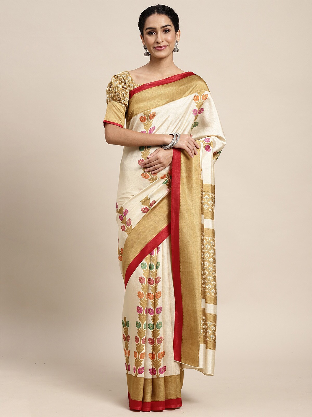 

ODETTE Beige & Gold-Toned Floral Silk Blend Saree