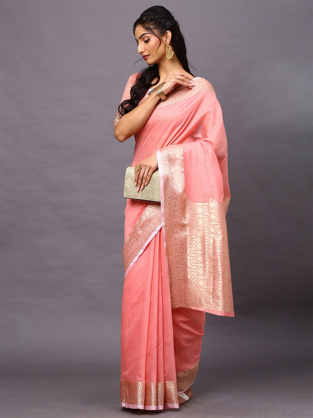 

ODETTE Pink & Gold-Toned Zari Linen Blend Taant Saree