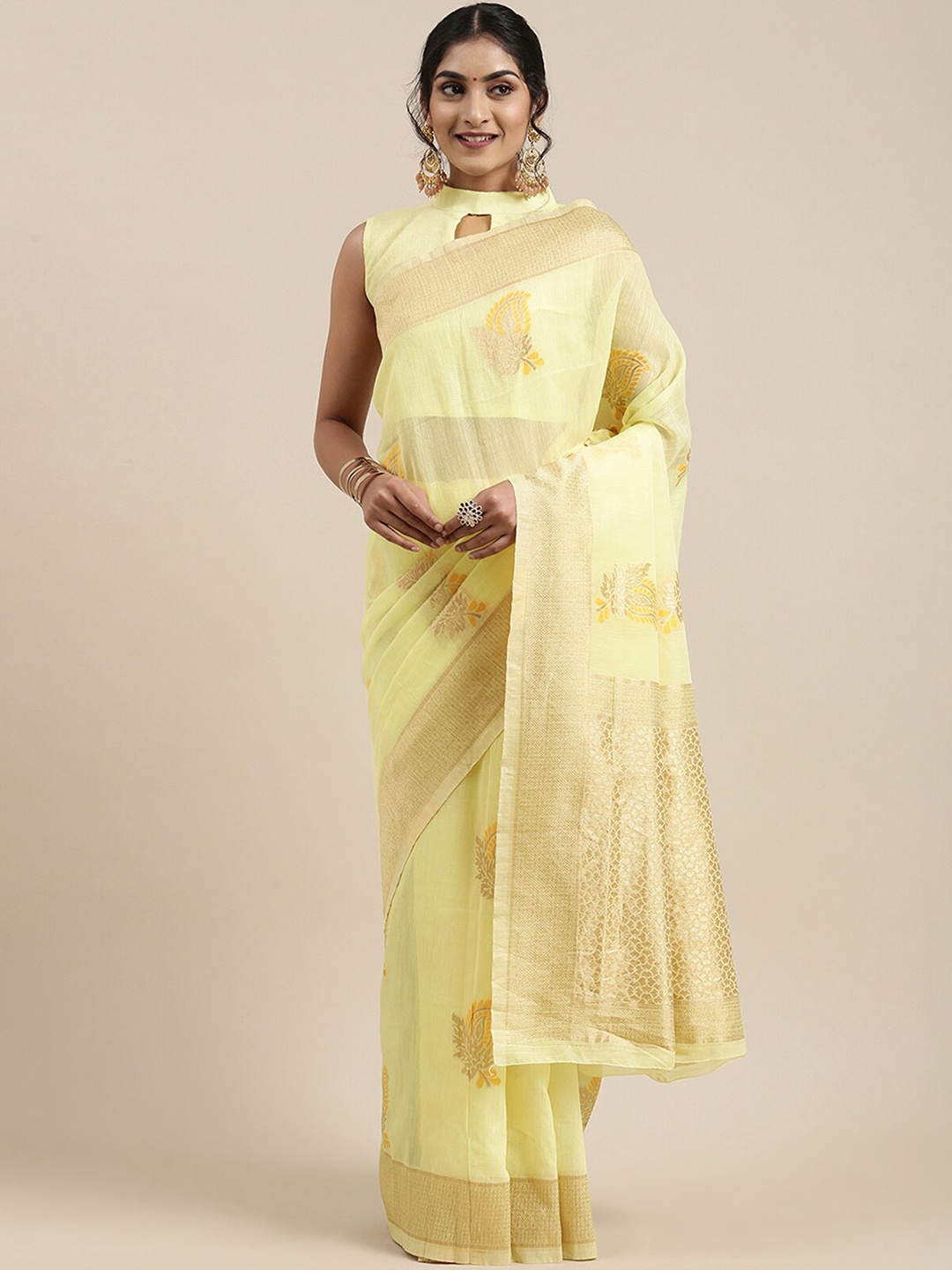 

ODETTE Yellow & Gold-Toned Paisley Zari Linen Blend Banarasi Saree