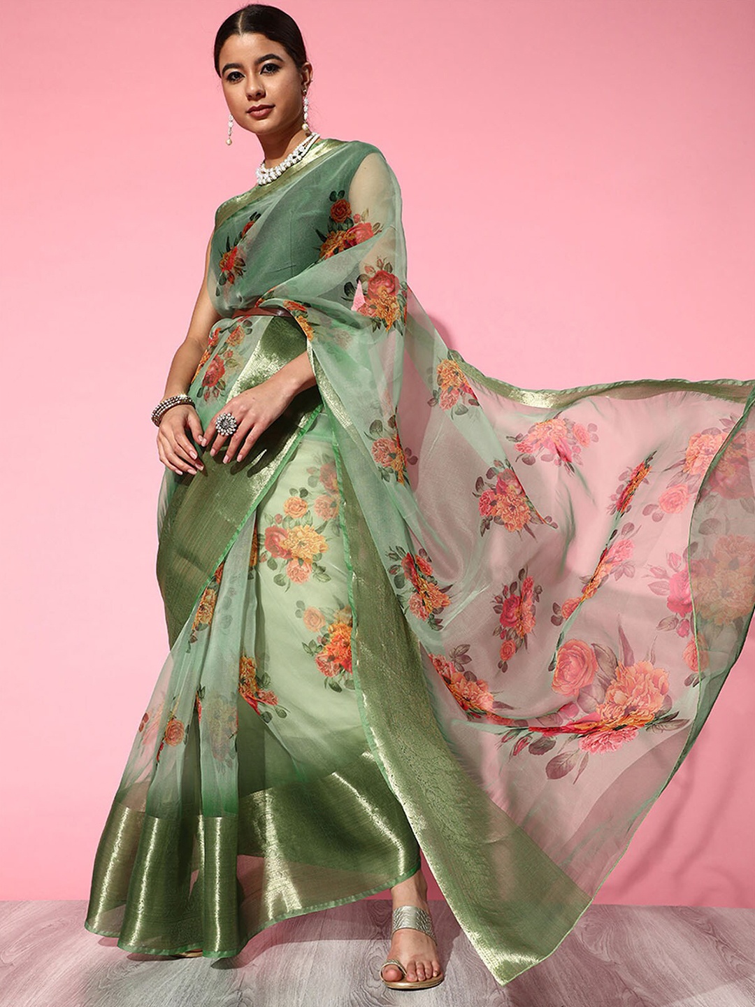 

ODETTE Green & Orange Floral Zari Organza Saree
