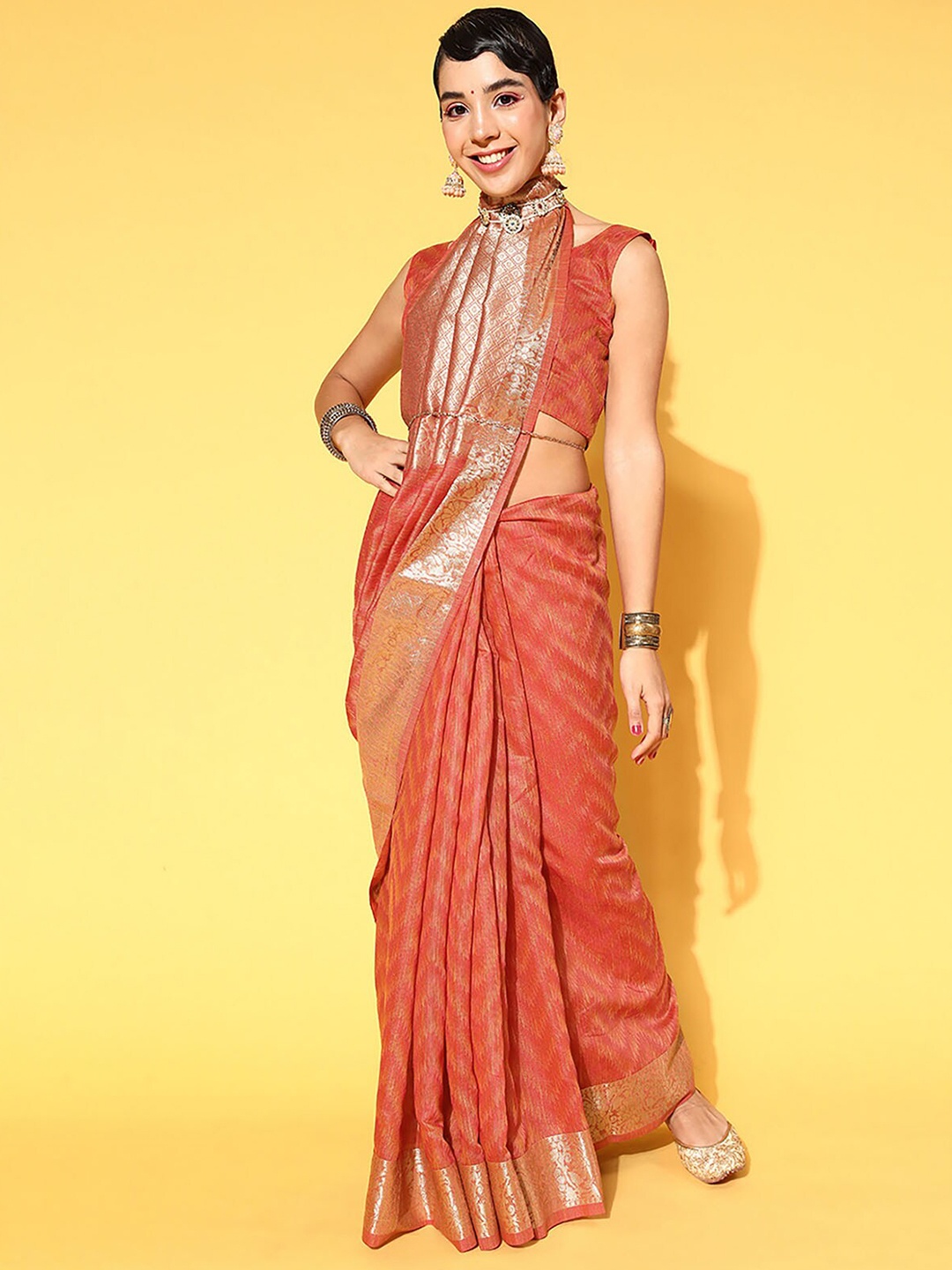 

ODETTE Rust & Gold-Toned Leheriya Zari Silk Blend Saree