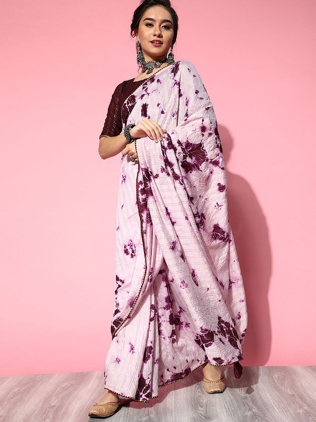 

ODETTE Pink & Burgundy Tie and Dye Silk Blend Saree