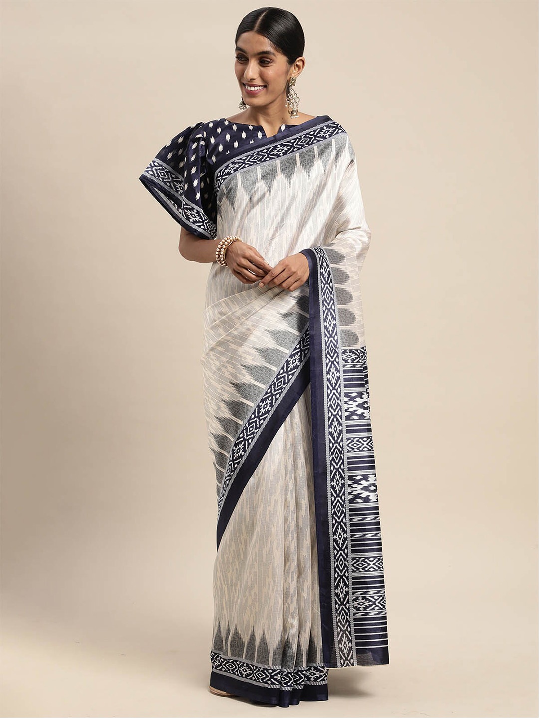 

ODETTE Off White & Black Silk Blend Printed Saree