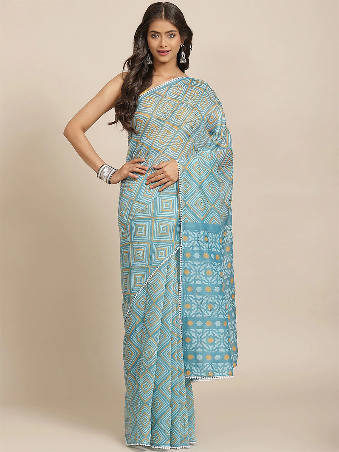 

ODETTE Blue & Yellow Cotton Blend Printed Saree