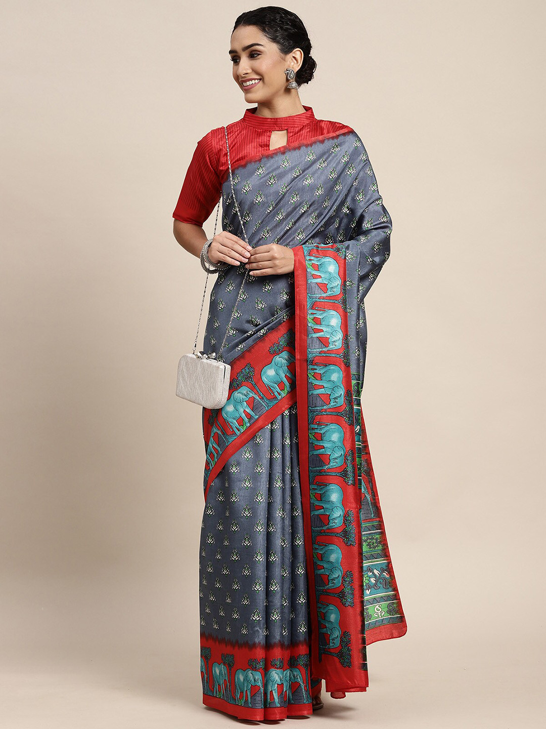 

ODETTE Grey Ethnic Motifs Printed Silk Blend Saree