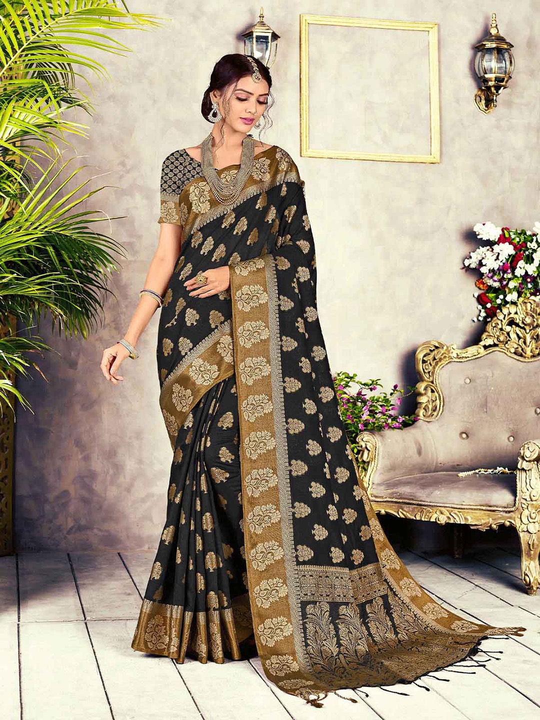 

ODETTE Black & Gold-Toned Ethnic Motifs Woven Zari Saree