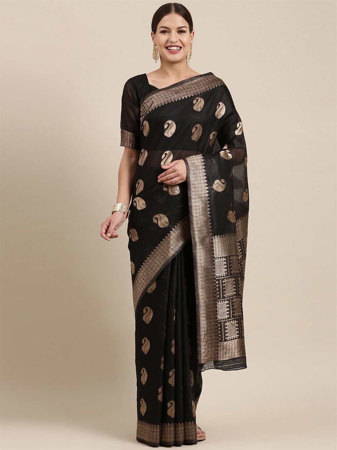 

ODETTE Black & Gold-Toned Paisley Woven Design Linen Blend Banarasi Saree