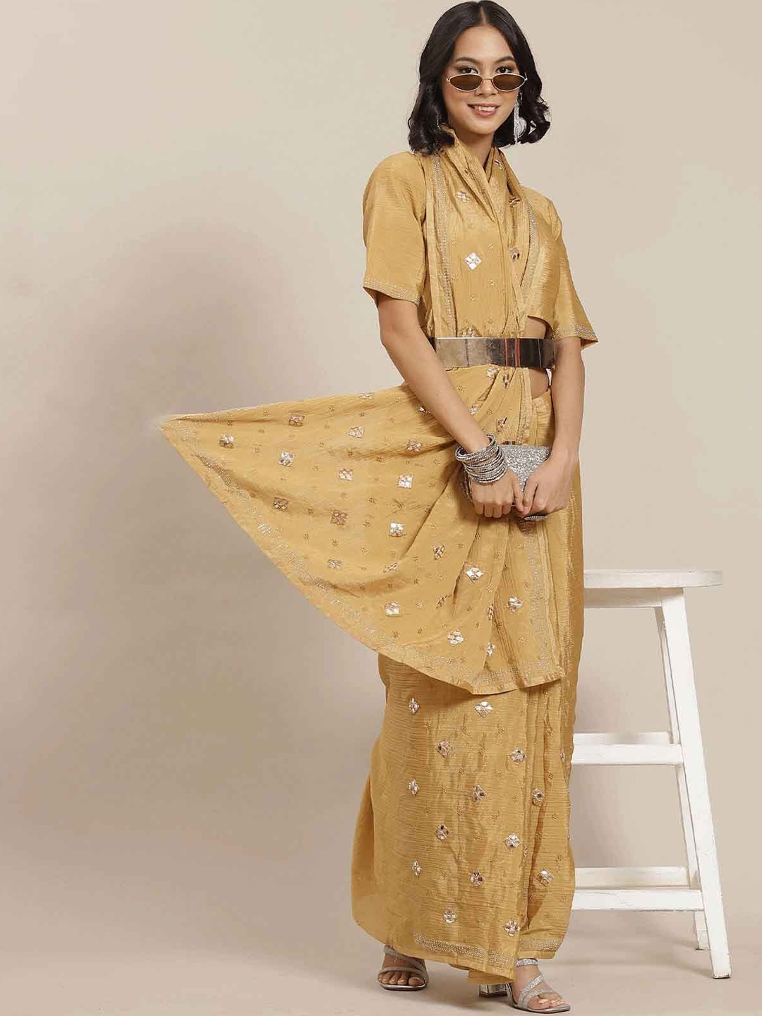 

ODETTE Cream-Coloured & Gold-Toned Embellished Mirror Work Silk Blend Saree