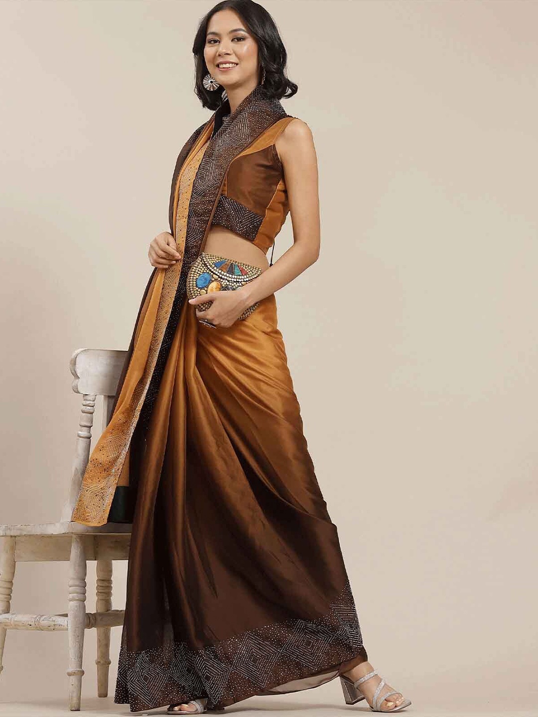 

ODETTE Brown & Mustard Ombre Beads and Stones Art Silk Saree
