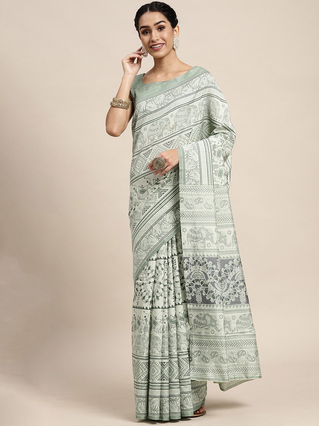 

ODETTE Sea Green Ethnic Motifs Printed Silk Blend Saree