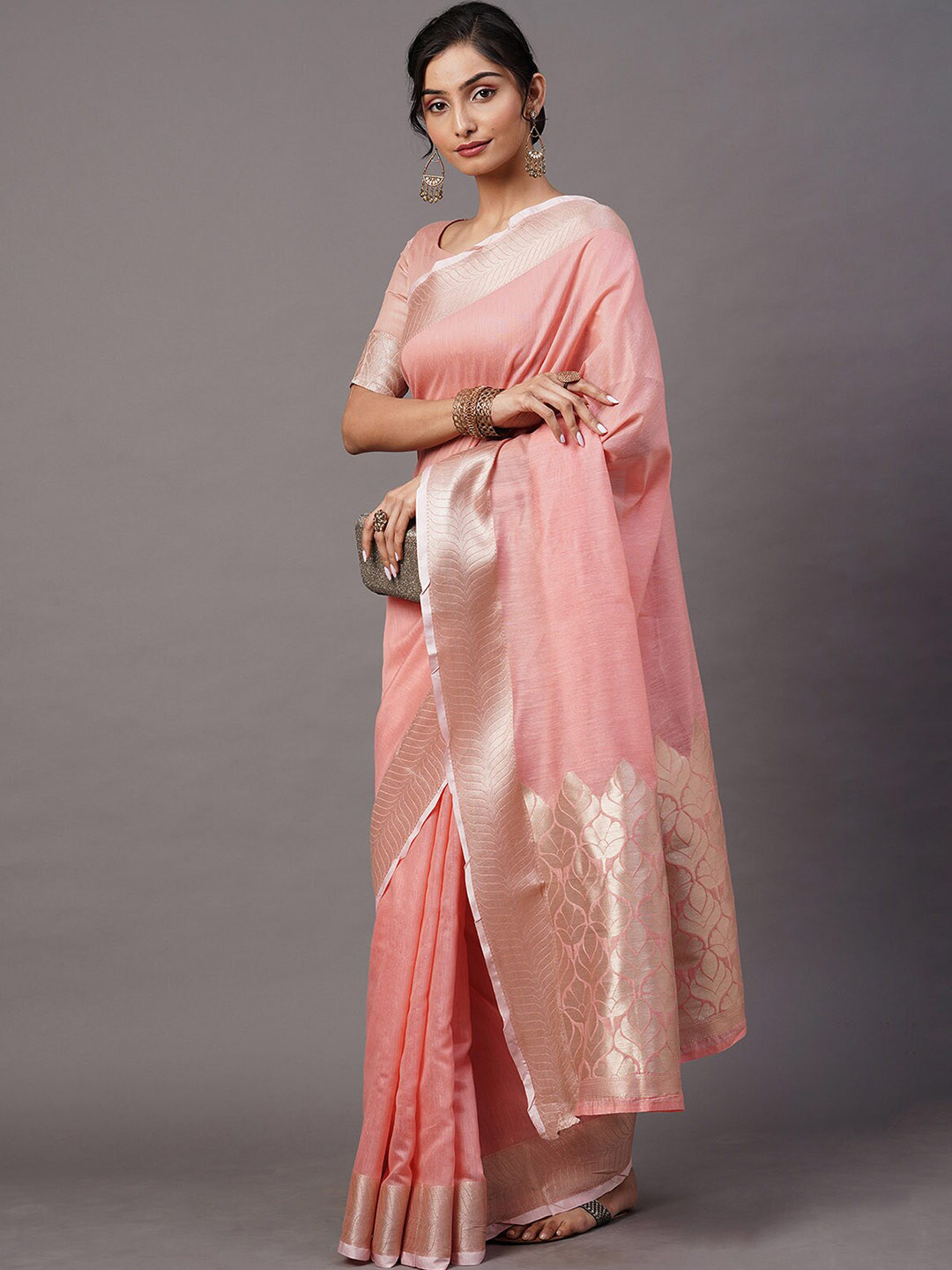 

ODETTE Pink & Gold-Toned Zari Linen Blend Taant Saree