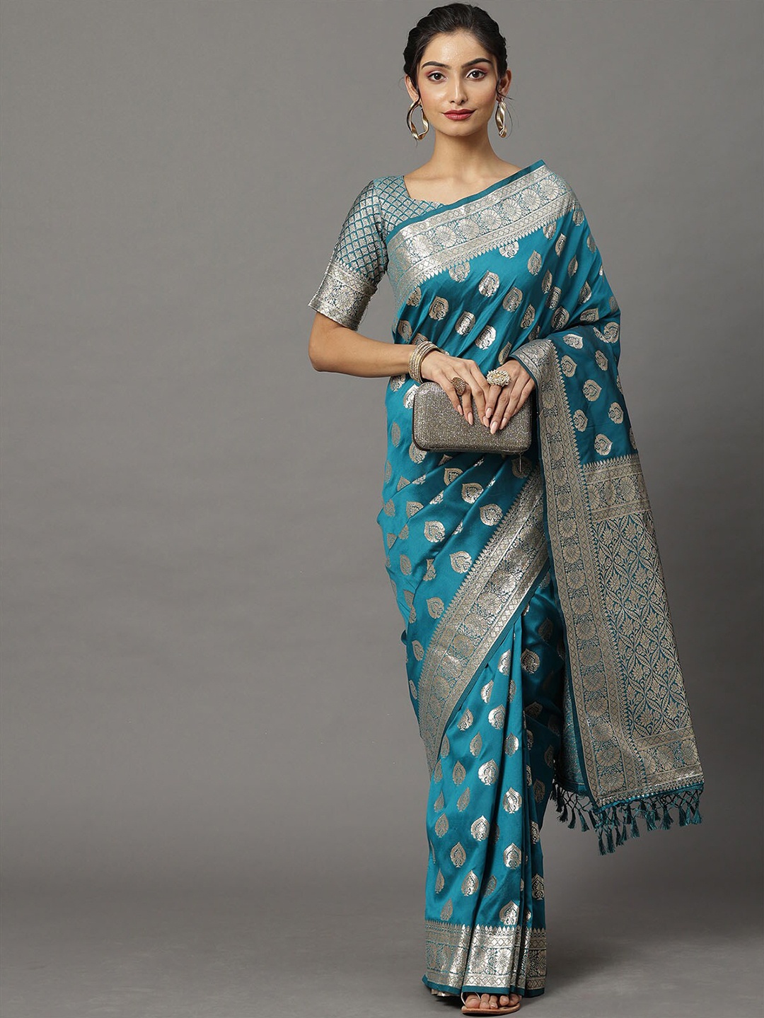 

ODETTE Teal & Silver-Toned Woven Design Zari Silk Blend Banarasi Saree