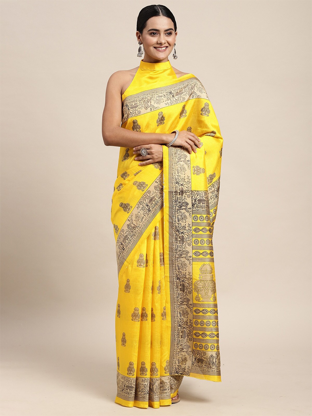 

ODETTE Yellow & Black Ethnic Motifs Silk Blend Saree