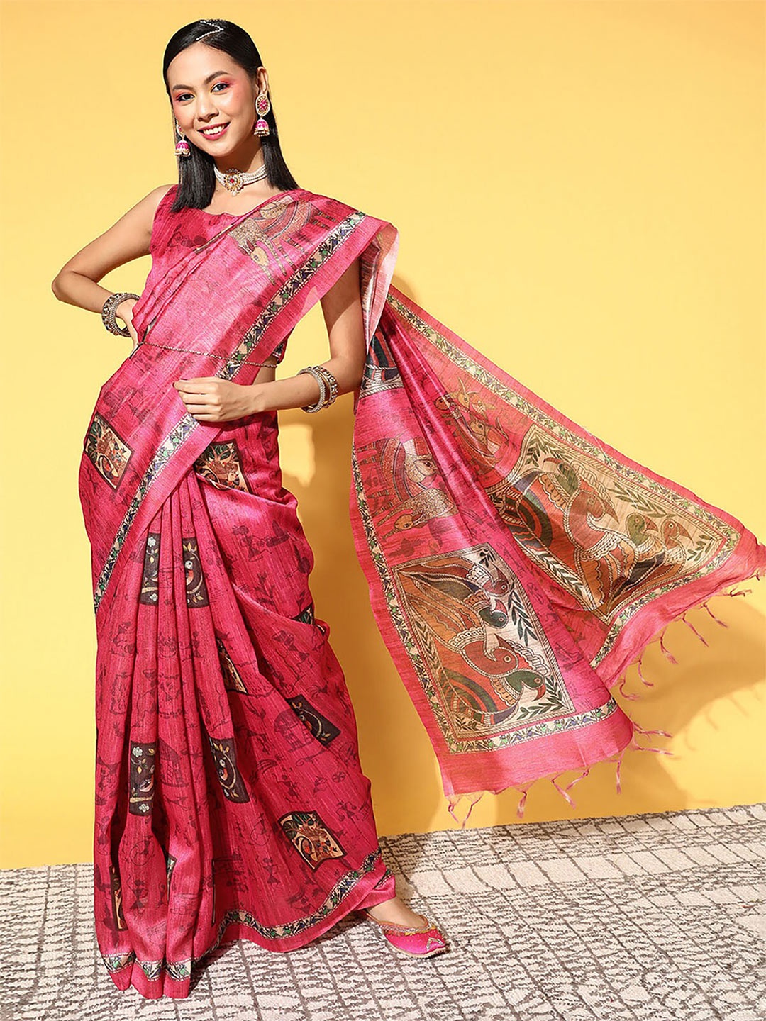

ODETTE Pink & Green Ethnic Motifs Silk Blend Saree