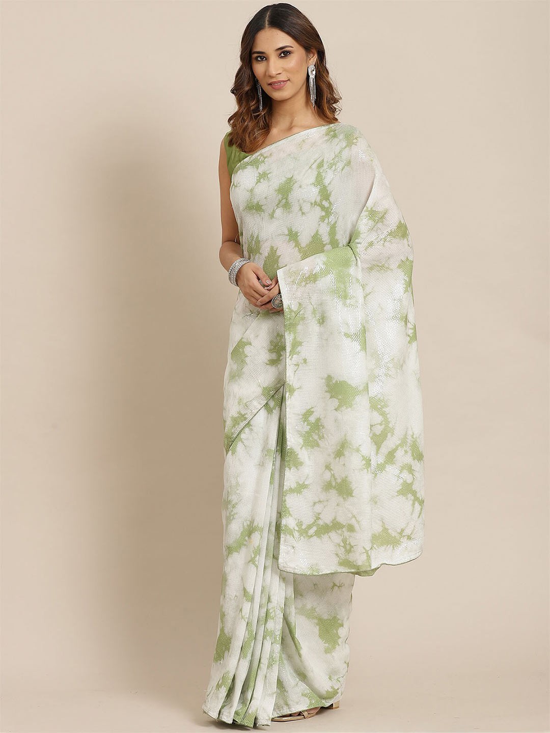 

ODETTE Olive Green & White Tie and Dye Sequinned Embellished Saree