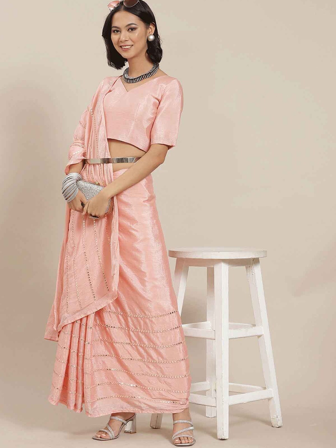 

ODETTE Peach-Coloured Embellished Mirror Work Silk Blend Saree