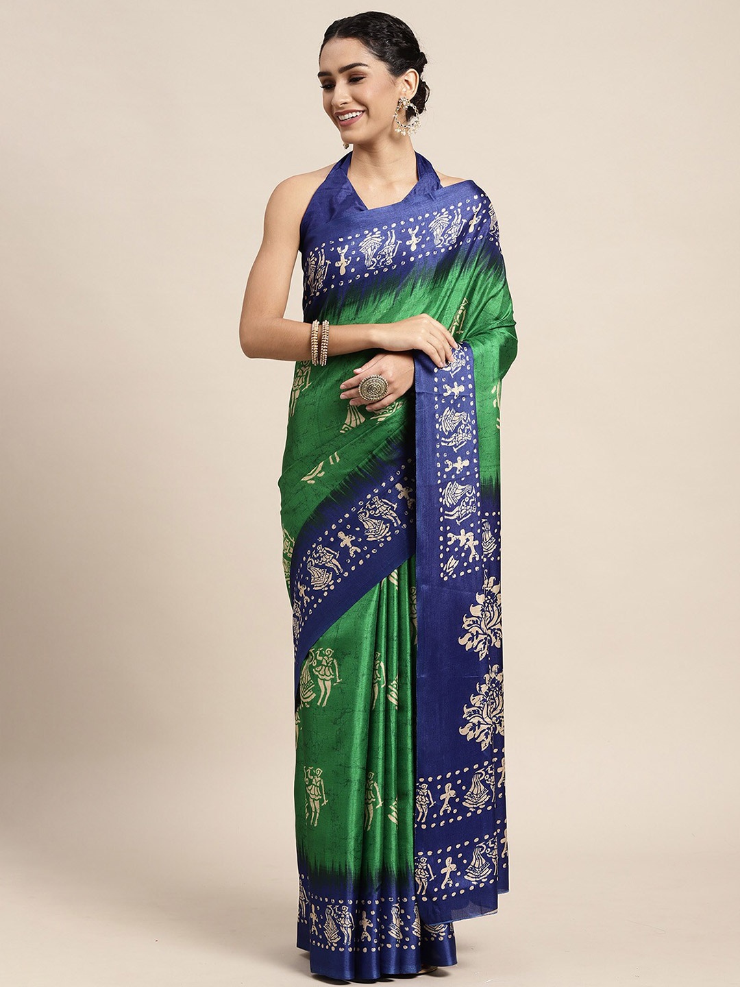 

ODETTE Green & Blue Ethnic Motifs Silk Blend Saree