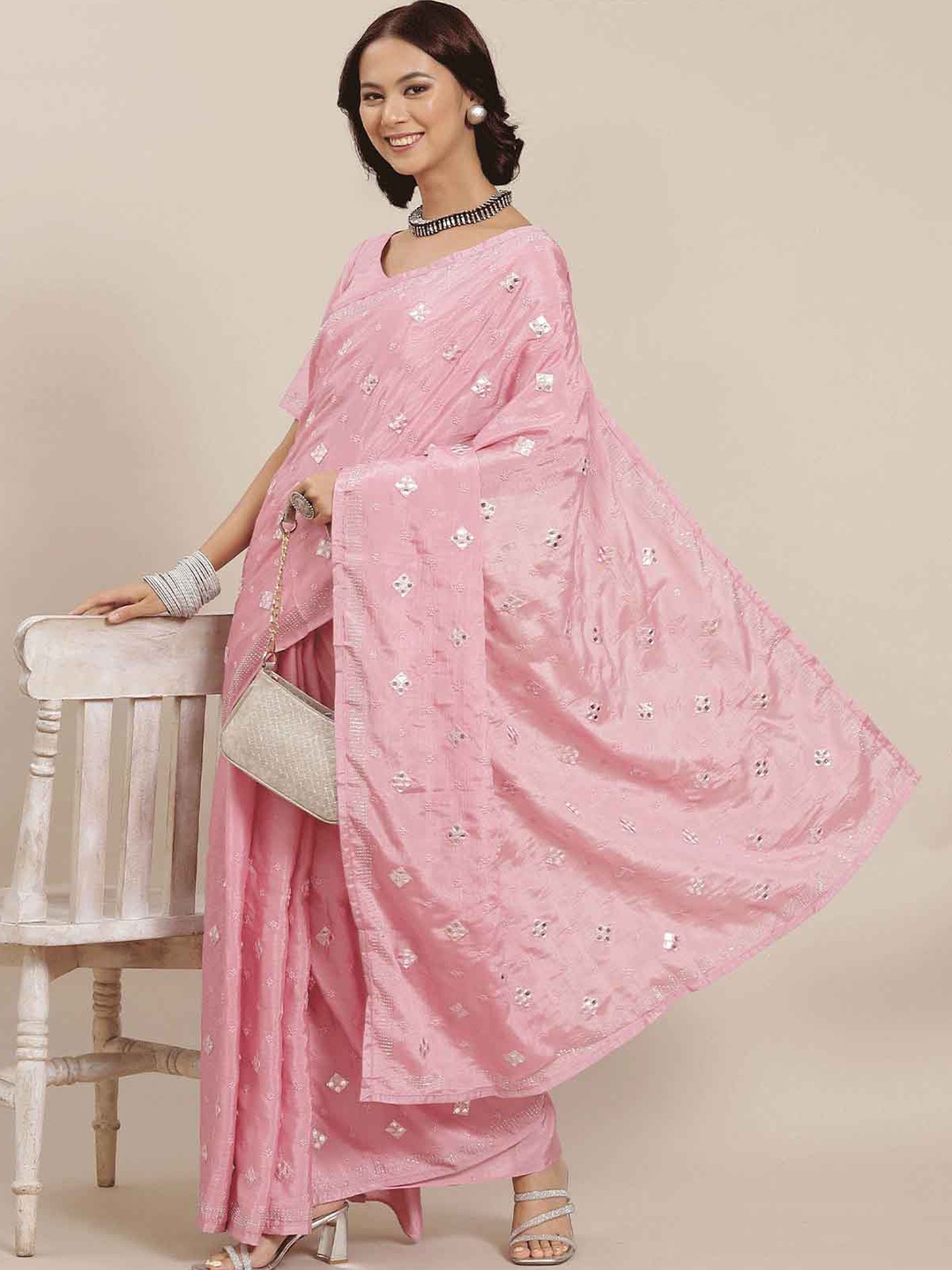 

ODETTE Pink Embellished Mirror Work Silk Blend Saree