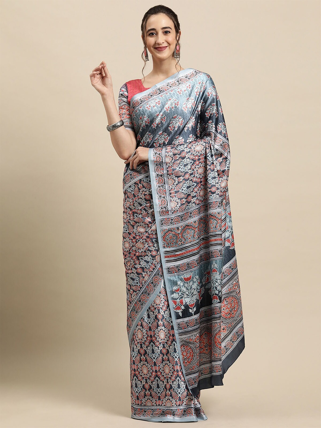 

ODETTE Grey & Blue Floral Block Print Saree