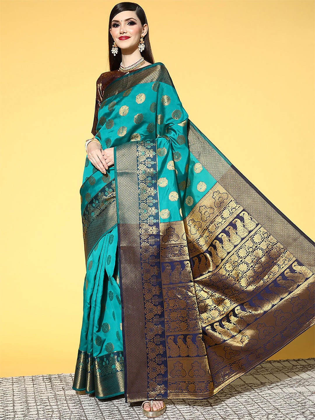 

ODETTE Teal & Blue Ethnic Motifs Zari Silk Blend Saree