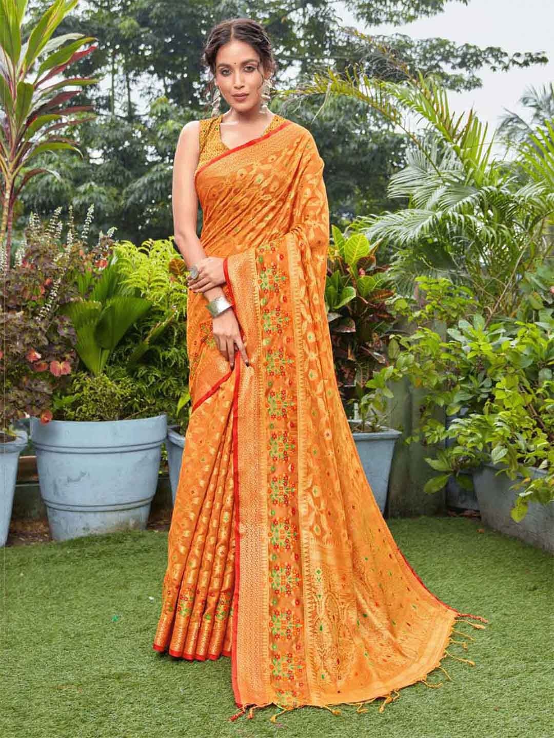 

ODETTE Orange & Gold-Toned Ethnic Motifs Zari Silk Cotton Saree