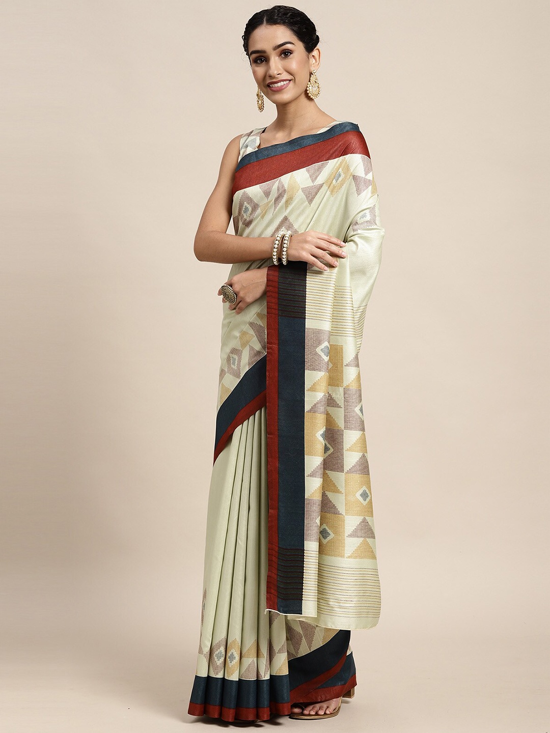 

ODETTE Green & Brown Silk Blend Saree